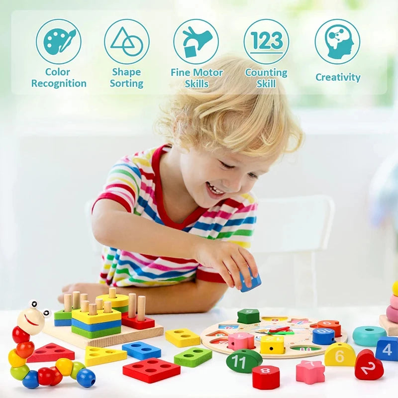 Montessori Wooden Learning Toy Set for Toddlers - Educational Puzzle & Developmental Game for Boys & Girls (Ages 1-3