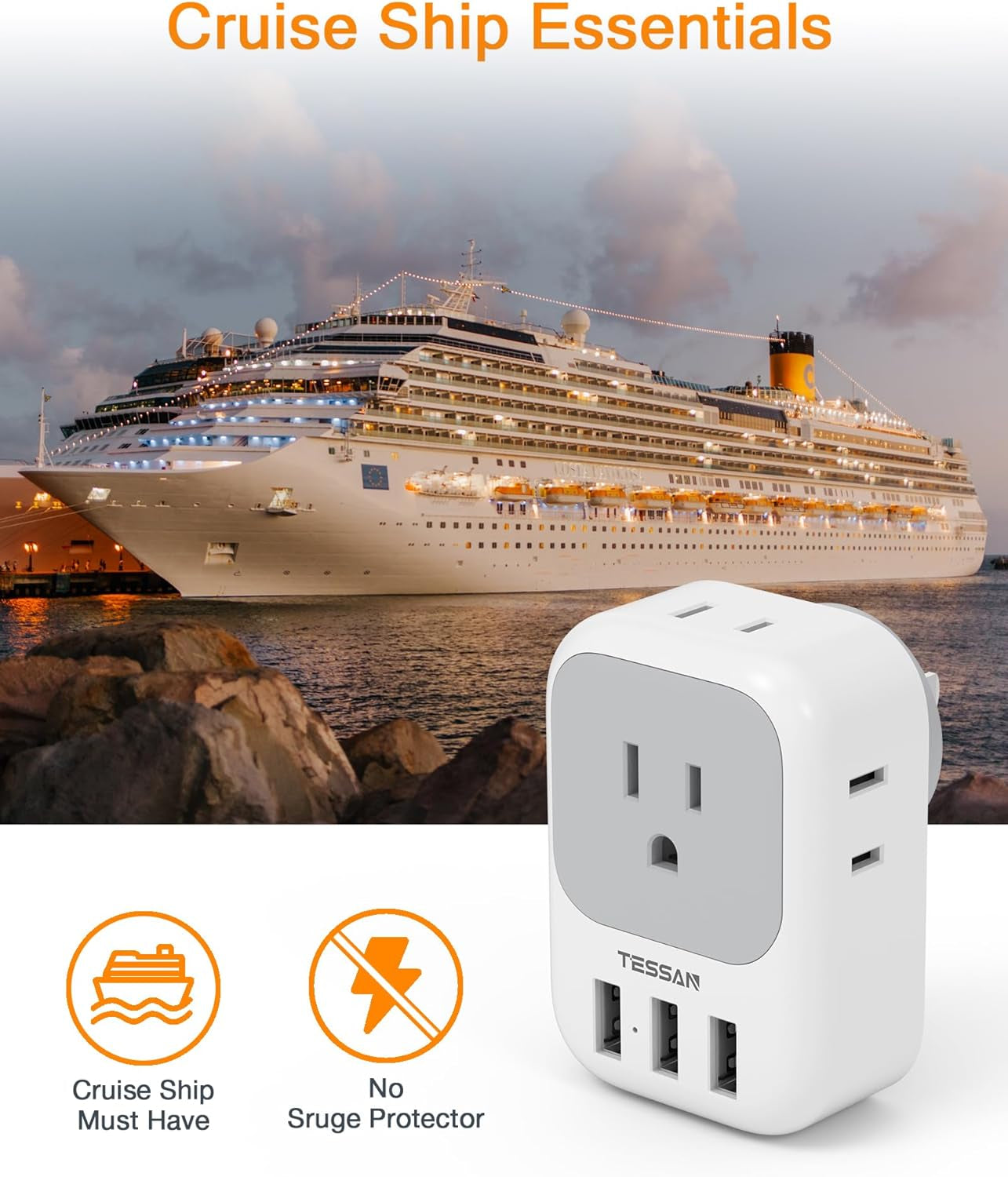 Total Charger Block 3 USB port, 4 Box Splitter, Multi Plug Outlet Extender