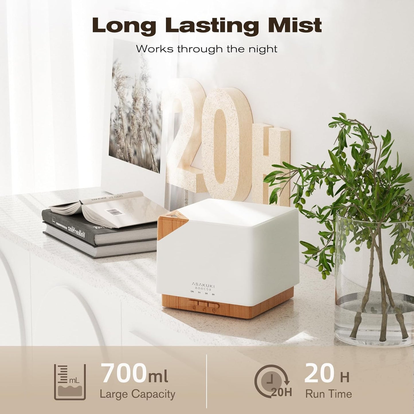 ASAKUKI  700 Ml Premium Essential Oil Diffuser, 5 in 1 Ultrasonic Aromatherapy Fragrant Oil Vaporizer Humidifier, Timer and Auto-Off Safety Switch, 7 LED Light Colors