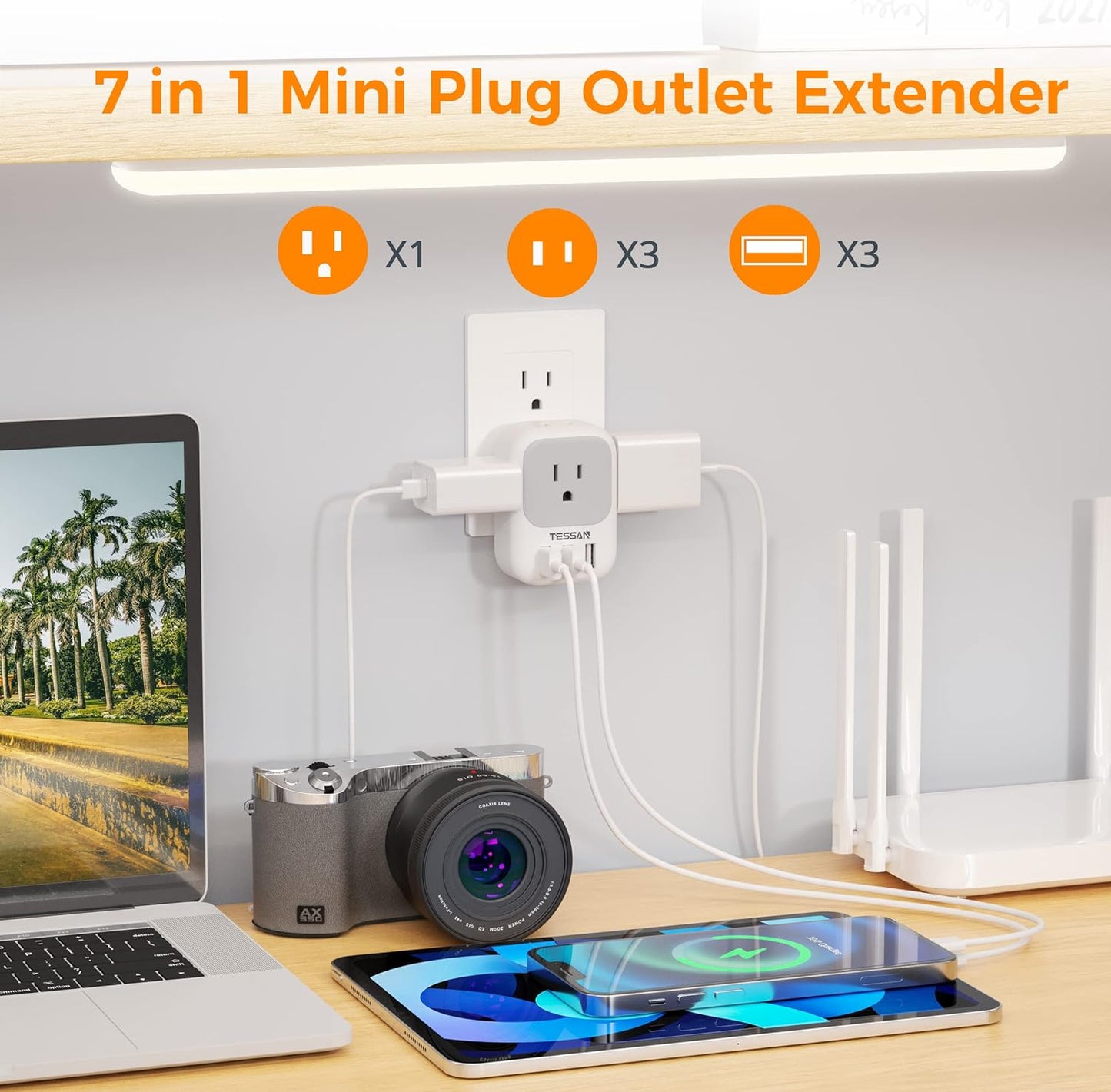 Total Charger Block 3 USB port, 4 Box Splitter, Multi Plug Outlet Extender